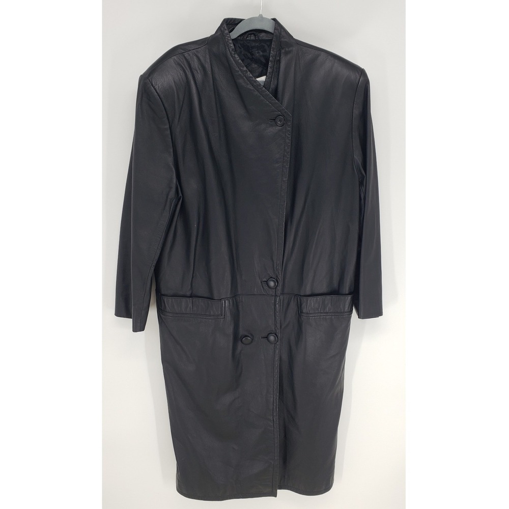 Vintage 90s Architect Genuine Leather Long Trench Coat Women LP Black Button Up